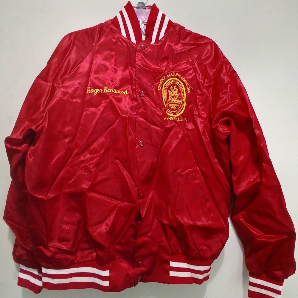 Vintage WestArk Red Satin Bomber Jacket Cement Masons Local 566 USA Made Large
